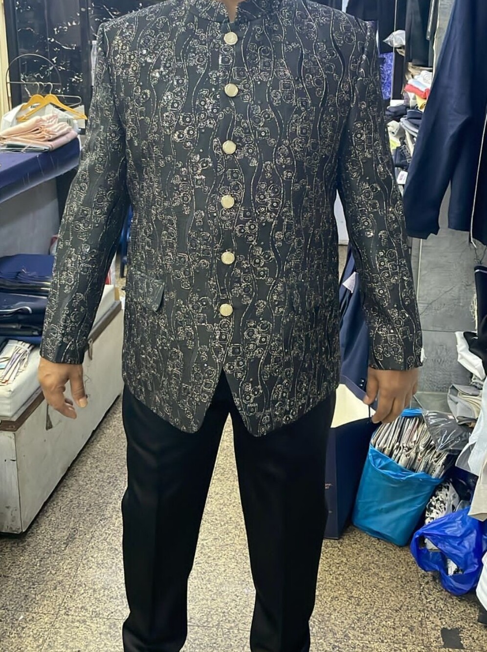 Men's Black Patterned Button-Front Jodhpuri Jacket With Matching Pant